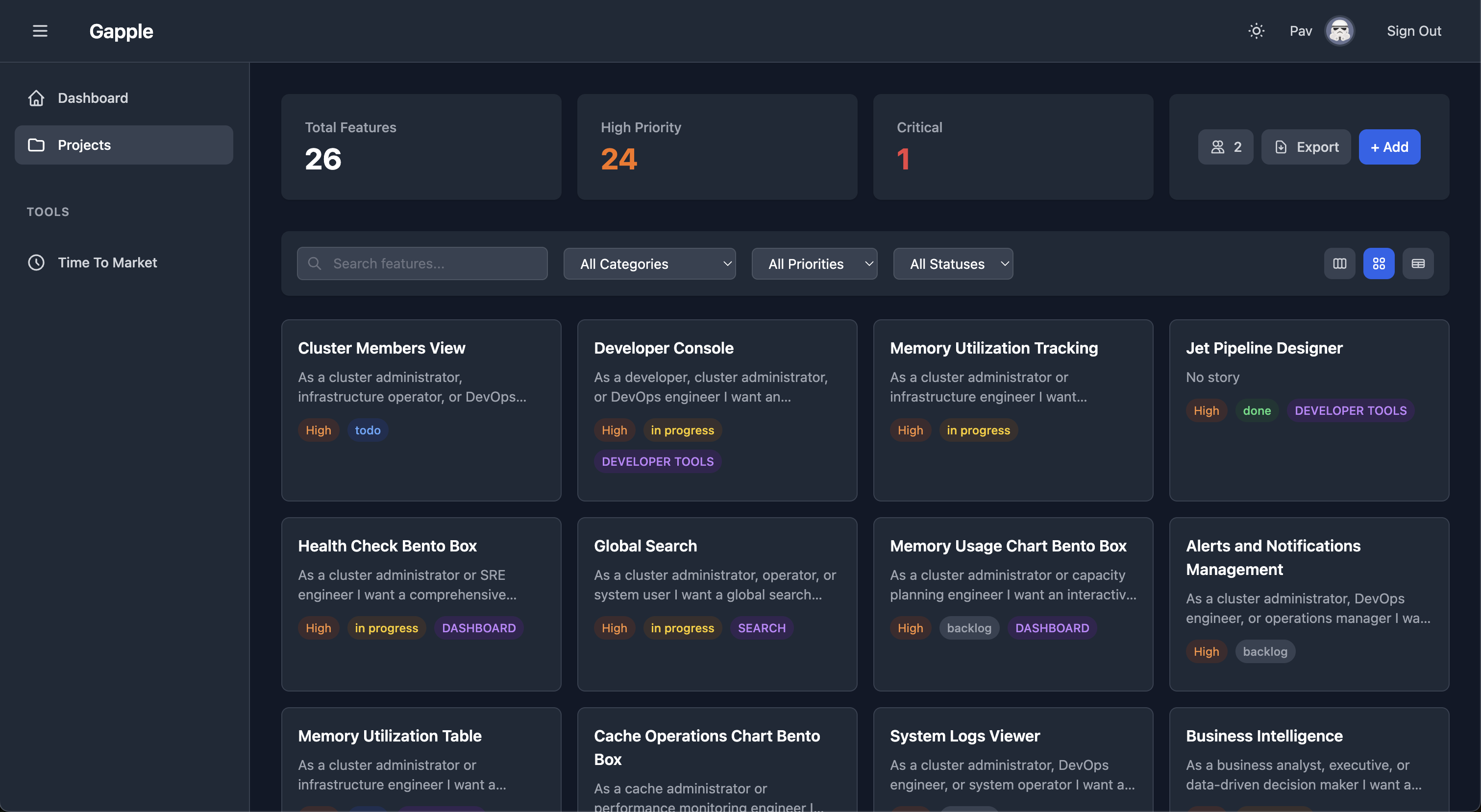 Scoraq Dashboard - Feature management interface showing project overview with kanban boards, priorities, and team collaboration tools
